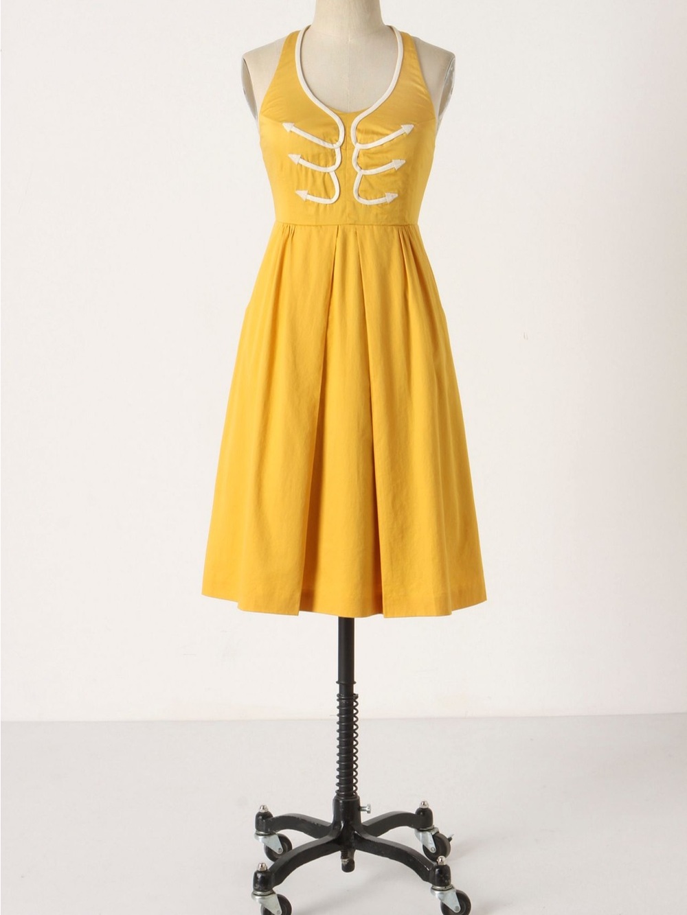 Anthropologie Floreat Mustard Yellow Sleeveless Midi Dress with Cream Trim